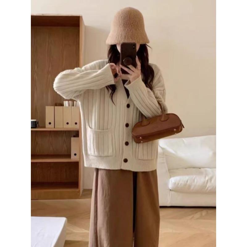 Vintage twist knitted cardigan women's autumn and winter casual lazy style loose versatile pocket sweater knitted jacket