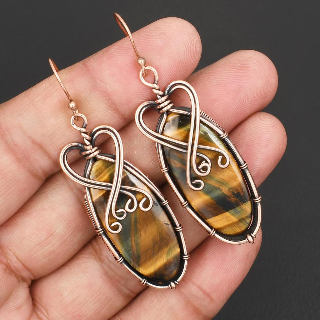 Handmade Wire Wrapped Copper Earrings with Tiger Eye Gemstone Vintage Boho Style Dangle Earrings for Women