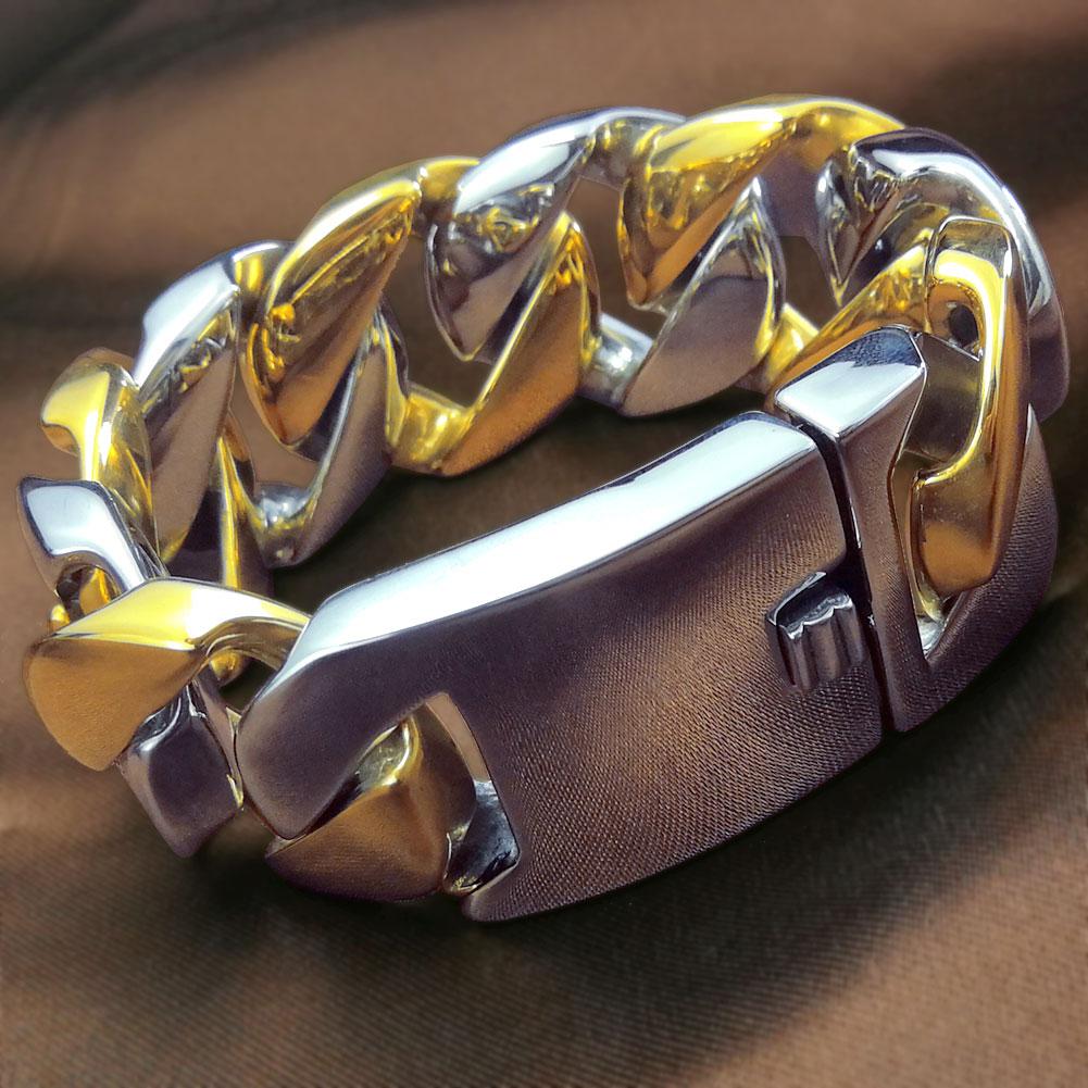 32mm Width Bling Massive 316L Stainless Steel Steel & Gold Hip Hop Bracelet Designer Chrams