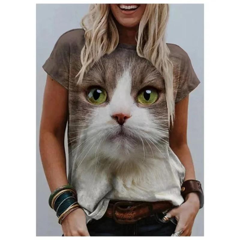 Cat Printed Summer T-shirt Women's Outdoor Clothing Casual Fashion Short Sleeved T-shirt Round Neck 3D T-shirt Top