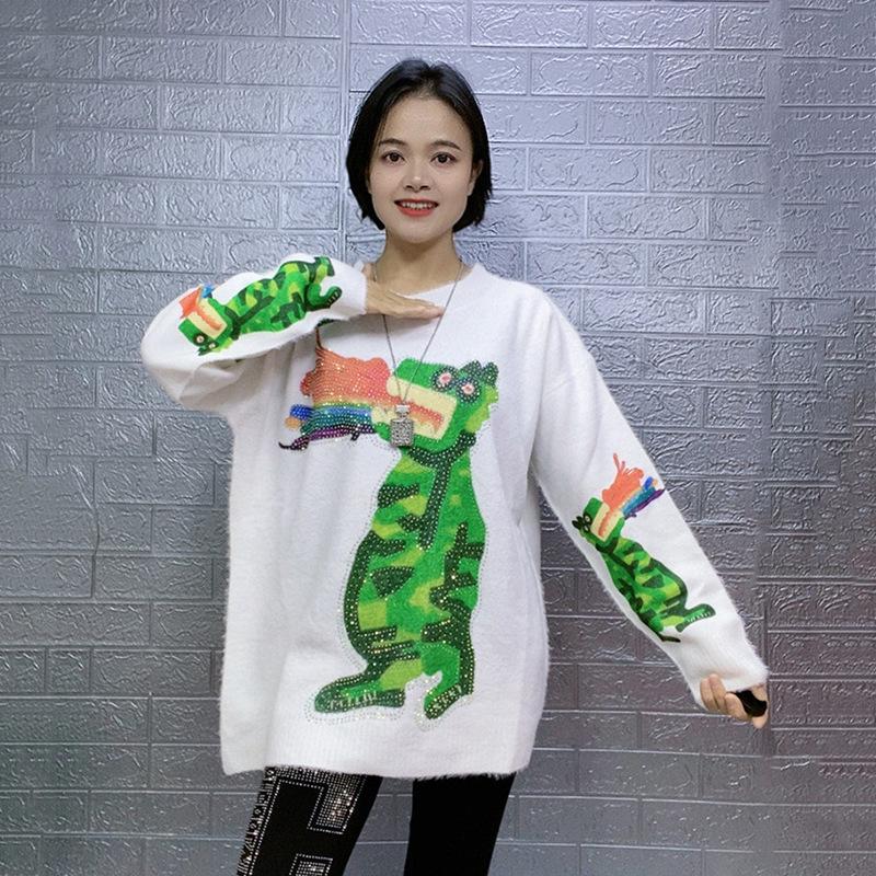 Plus Size Cartoon Rhinestone Knitwear - Cozy Korean Style Sweater for Women