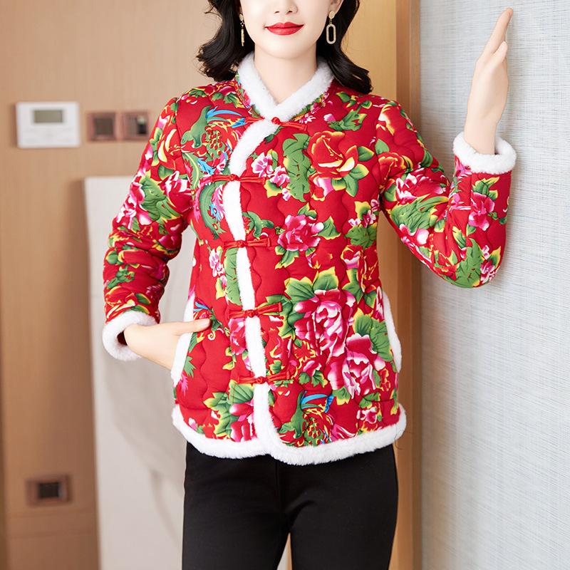 

Зимняя новинка, китайская цветочная куртка с длинными рукавами, женственное ретро-пальто с хлопковой подкладкой 5XL