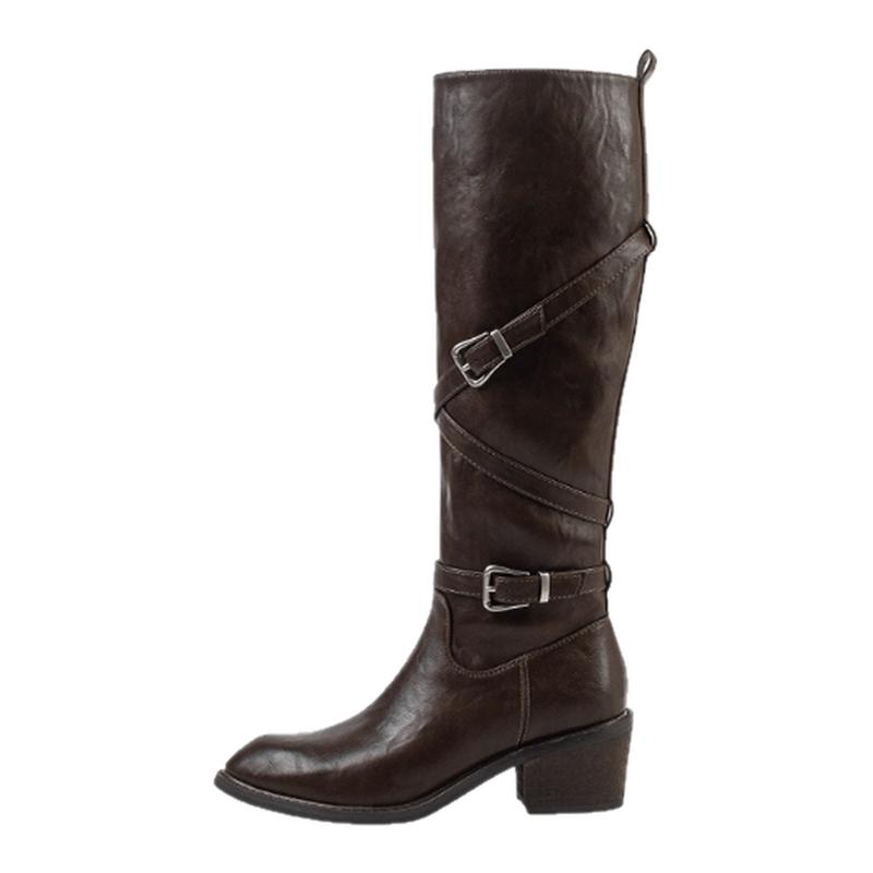 Winter Vintage Cross Belt Buckle Woman Knight High Boots Pointed Toe Thick Heel Shoes Ladies Slip On Slim Modern Long Botas