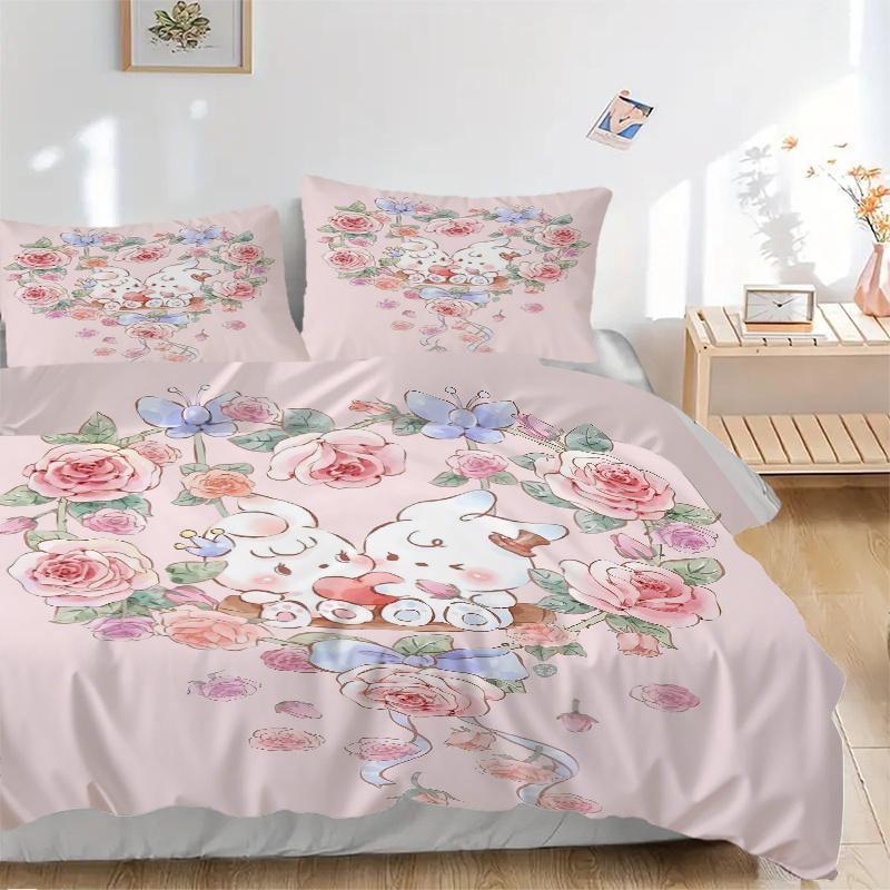 3-teiliges gestepptes Bettwäsche-Set mit Love Flowers & Bunnies-Druck - Weiche und bequeme Bettbezüge für Schlafzimmer, Gästezimmer und Wohnheime Dekorative Bettwäsche Se
