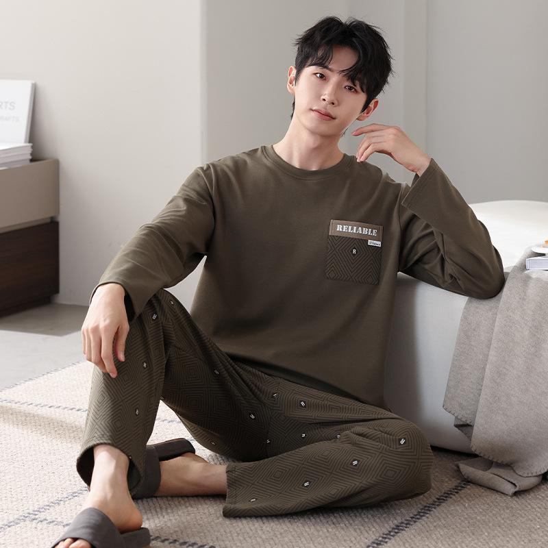 Men'S Pajamas Men'S Spring And Autumn Pure Cotton Long-Sleeved Men'S Autumn Cotton Casual Loungewear Set
