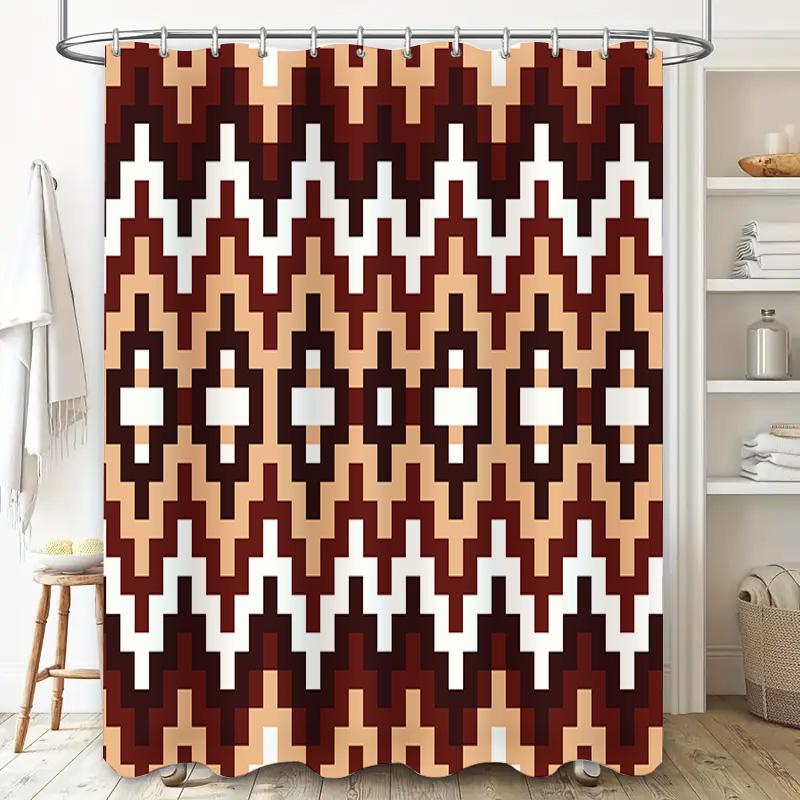 Modern Geometric Pattern Bath Shower Curtain with White Beige Tan Dark Brown Design 72 x 72 inches (183x183cm)