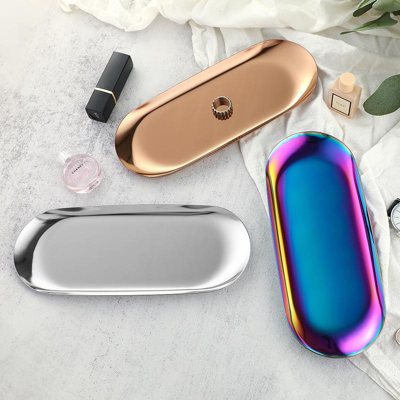 5 Stück Ins Style Hochästhetische Edelstahl Schmuckteller Kosmetik Metall Präsentierteller Ovalförmige Haushaltsaufbewahrungstabletts