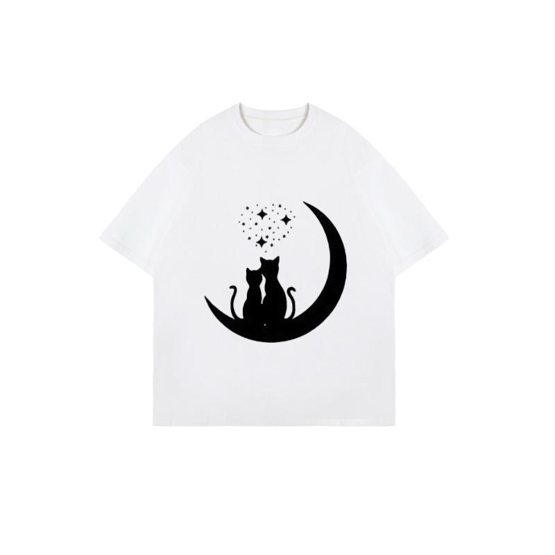 Black Oversized T Shirt With Cats On Moon Print For Casual Wear