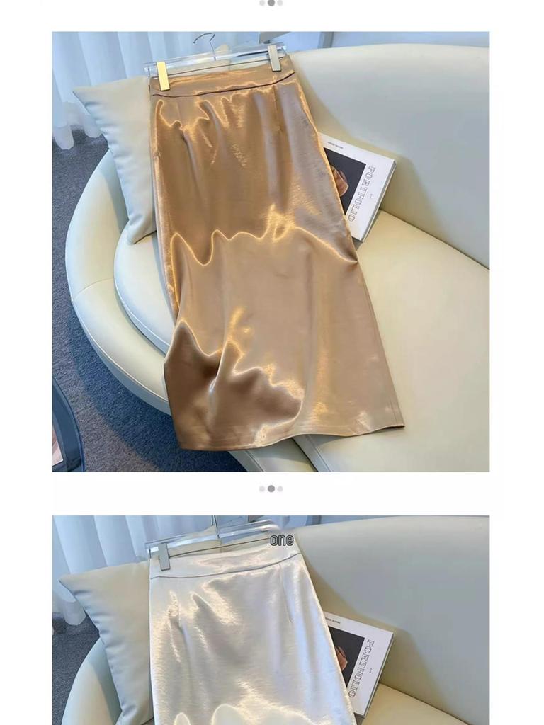 Women's High-End Black Satin A-Line Bodycon Midi Skirt - Spring/Autumn 2025