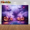 Mocsicka Halloween Backdrop Photography Purple Pumpkin Party Children Photo Backgrounds Dark Forest Lamps Bat Decorations Banner