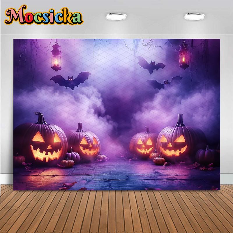 Mocsicka Halloween Backdrop Photography Purple Pumpkin Party Children Photo Backgrounds Dark Forest Lamps Bat Decorations Banner
