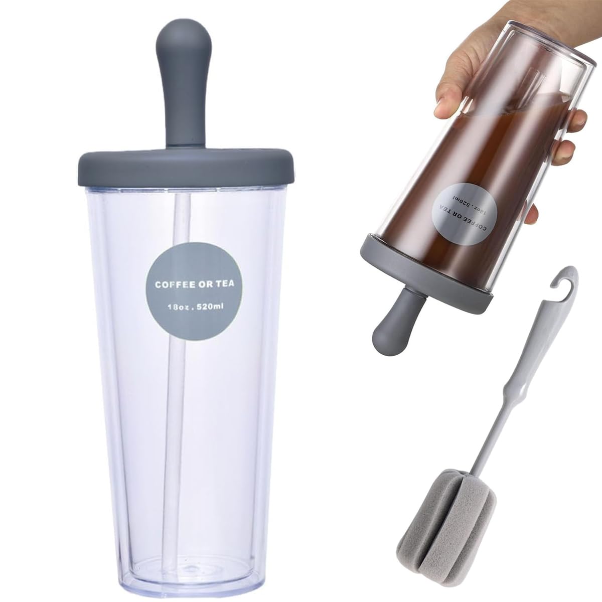 

Пластиковый тамблер Kasanidika 520 мл с большим прозрачным, включает чистку, подходит для фруктов, газированных напитков и чая, соломинка, вместимость, двухслойная конструкция, крышка, серый