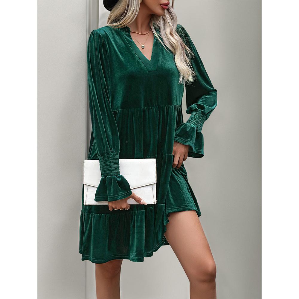 Women's Casual V Neck Long Sleeve Velvet Dress Fall Babydoll Dress Flowy Cocktail Wedding Party Shift Dresses