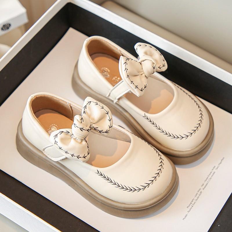 New Girls Retro Bow Embroidered Leather Shoes Cute Princess Mid Calf Socks Matching Shoes size 23