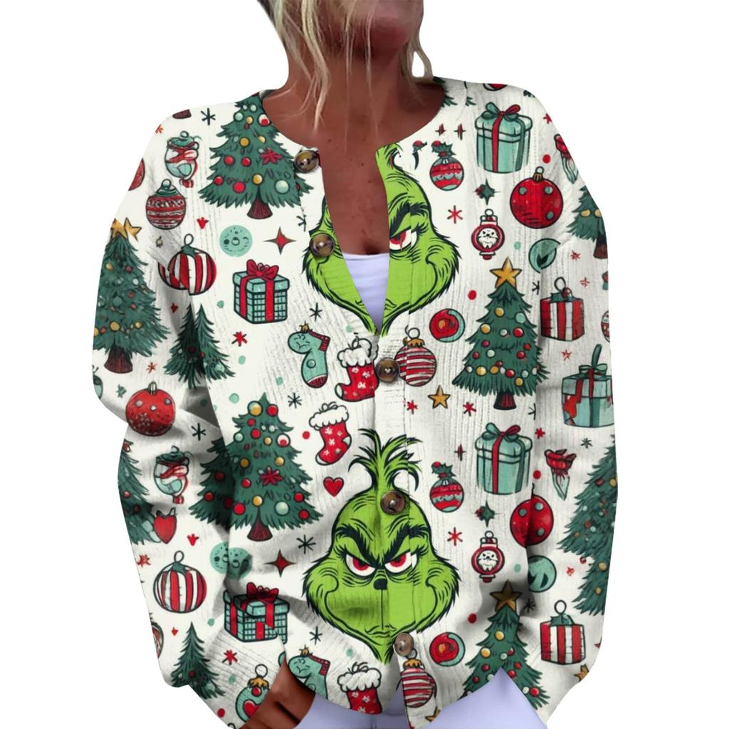 Women's Fashion Christmas Printed Long Sleeve Knitted Cardigan Button Down Jacket