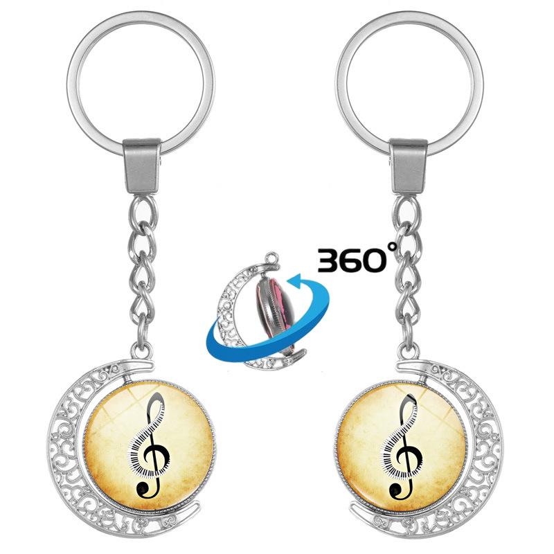 Heart-Shaped Rotating Piano Key Pendant Keychain with Gem and Musical Notes Ornament