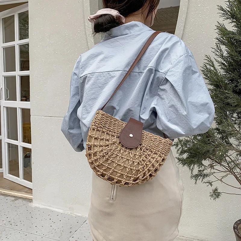 Summer Straw Women's Bag Fashion Half Round Crossbody Rattan Handmade Satchel Bag Travel Beach Bag Handbag