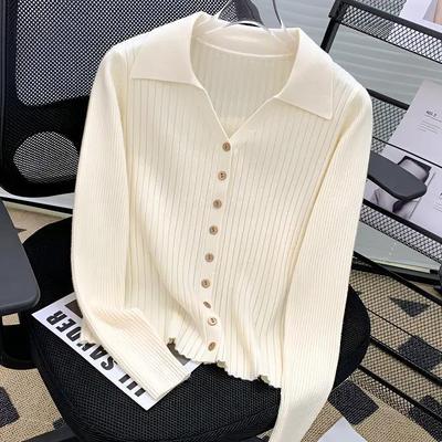 Women's Slim-Fit French Polo Collar Ribbed Knit Cardigan - Long-Sleeve Sweater Coating for Autumn & Winter
