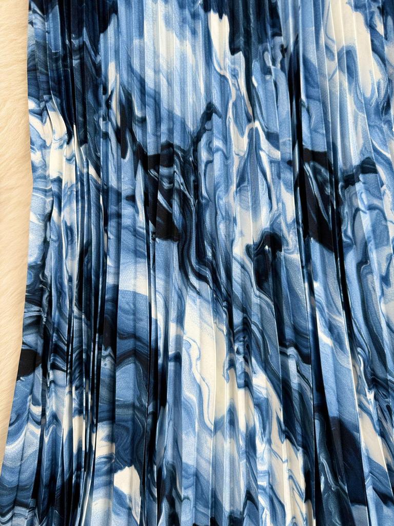 European & American Wave Pattern High-Waisted A-Line Pleated Midi Skirt