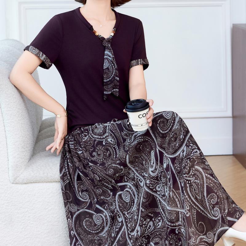 Yuzhaolin Women s Summer V-Neck Print Skirt Set XL