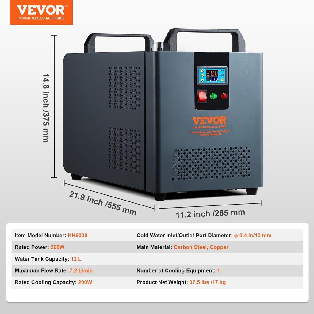 Industrial Water Chiller Laser Chiller Cooling System with Built-in Compressor 12L Water Tank Capacity, 7.2L/min Max.Flow Rate, 200W Cooling Capacity