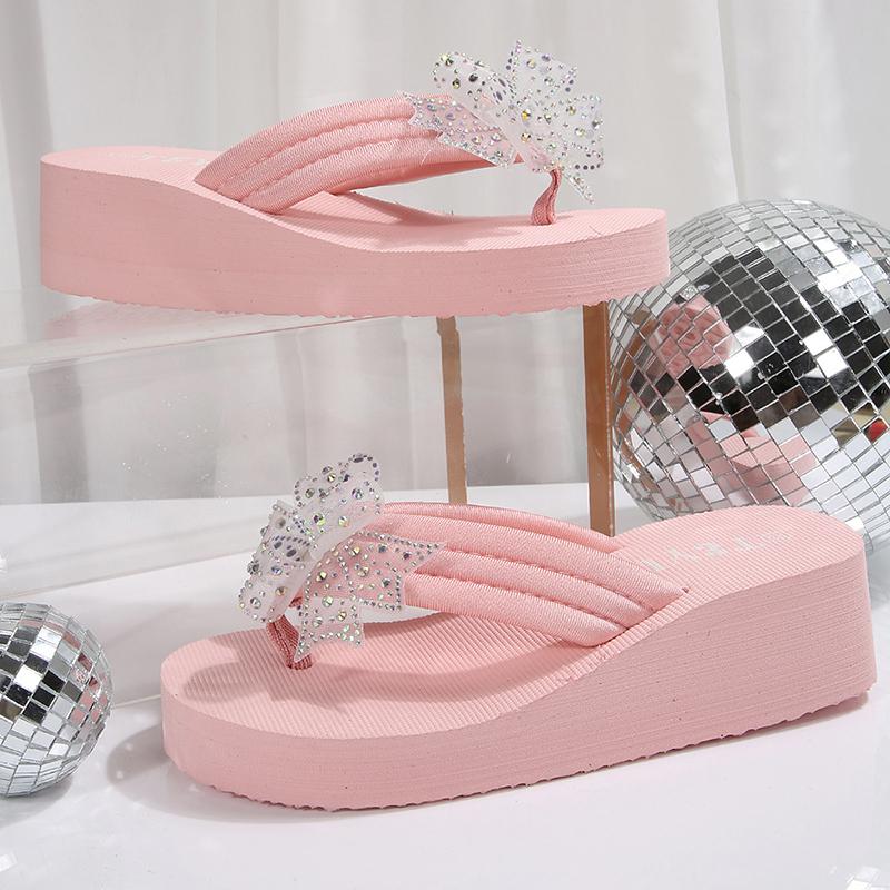 Fashion Crystals Bowknot Pink Flip Flops Women 2025 Summer Lightweight Wedge Heels Slippers Woman Clip Toe Eva Thick Sole Sandals Female