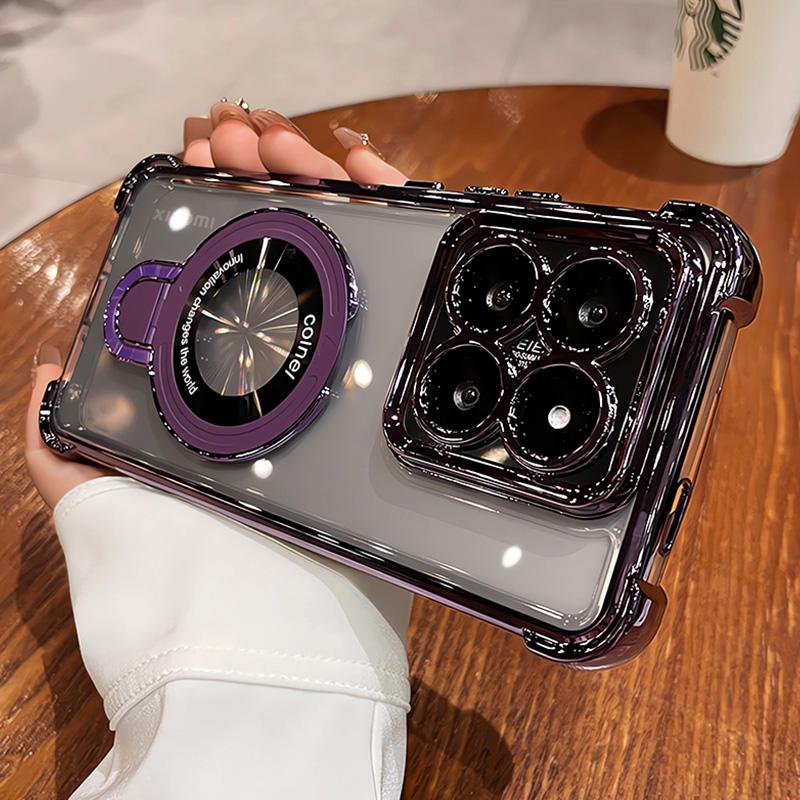 Plating Magnetic Holder Airbag Silicone Transparent Case For Xiaomi 15T Pro 14 13 T Ultra Camera Protect Shockproof Cover
