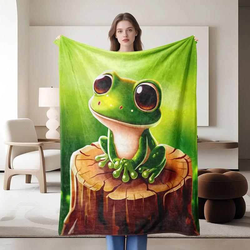 1 Piece Green Frog-themed Flannel Blanket, Soft, Suitable for Sofa, Bed, Office, All-season Use.