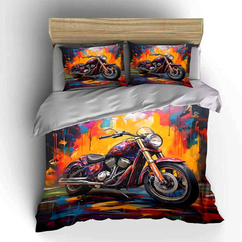 Painted motorcycles and graffiti background Print Bedding Set 1 Duvet Cover 2 Pillowcases for Adult and Children Luxury Gift