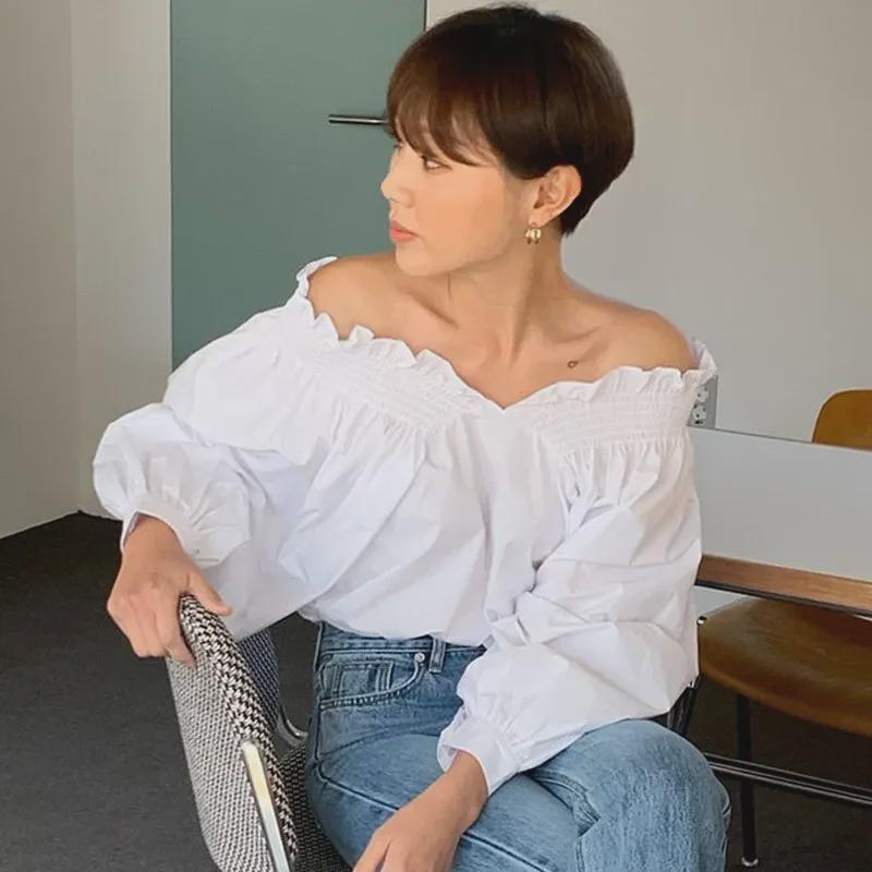 Korean Chic Reversible Off-Shoulder Lantern Sleeve Shirt for Women - French Milk Blue Whitening Design