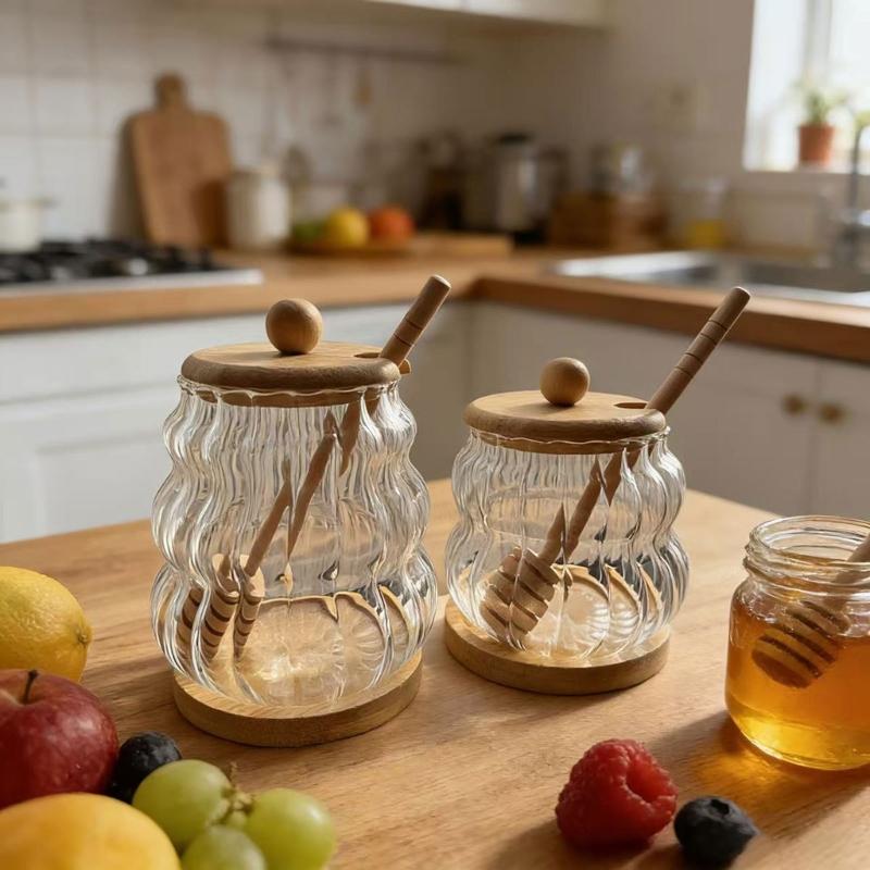 High Borosilicate Glass Jar Shatterproof Temperature Resistant Honeys Container Wood Stirring Stick and Lid for Kitchen