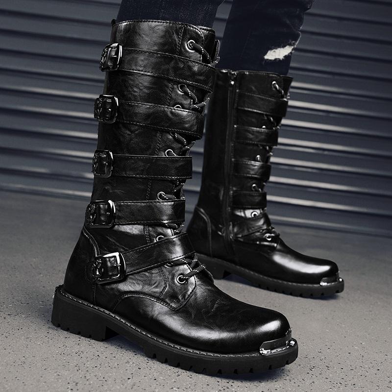 Hochwertige Lederstiefel für Herren Schwarze Stiefel Gothic Punk Motorradstiefel Bequeme Plateau-Stiefel Werkzeugstiefel Botas Para Hombre