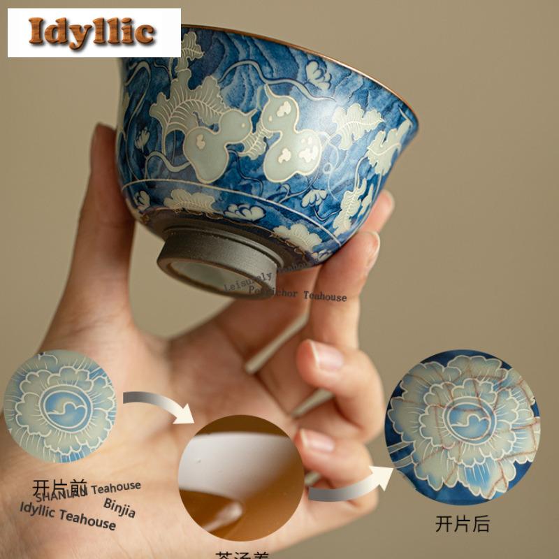 120ml Blue And White Ru Kiln Gourd Teacup Handmade Tea Bowl Set Of Cups Tea-tasting Meditation Cup Chazhan Master Cups For Tea