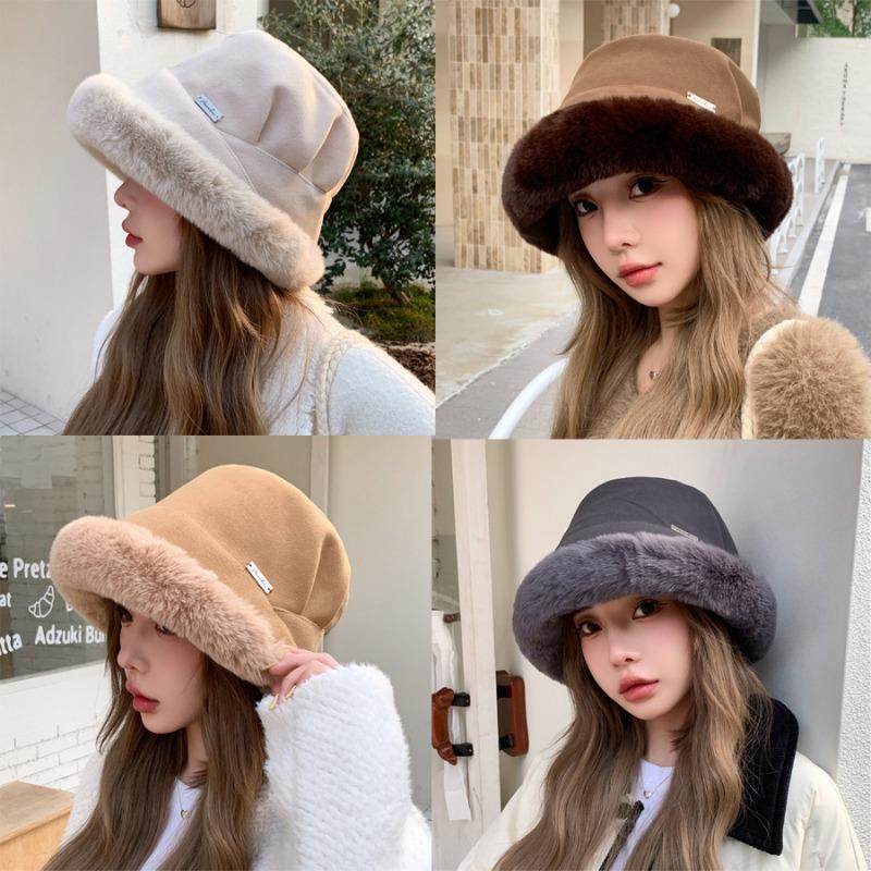 Autumn Winter Pleated Patchwork Basin Hat for Outdoor Warmth Windproof Protection Ear Protection Thickened Plush Fisherman Hat for Women