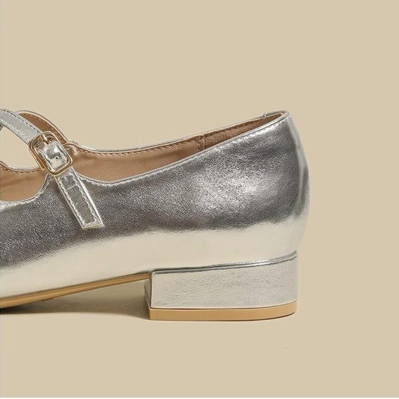 Mary Jane Women's Shoes Small Leather Shoes Shallow Mouth Low Heel Silver Single Shoe