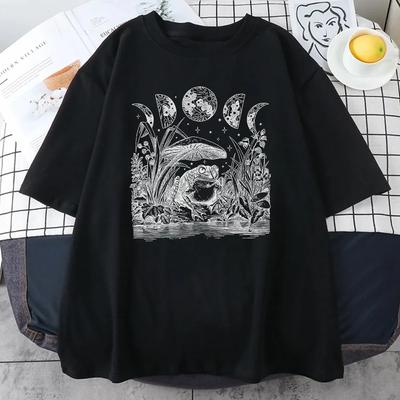 Niedliche Cottagecore Ästhetik Frosch Pilz Mond Hexenhaft Herren T-Shirt Kleidung Vintage Lässig Oversize Baumwoll-T-Shirts Kreativ woMans