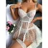 Fun Lingerie Sexy Women's Mesh Transparent Love Lace Pattern Charm Sling Sleeping Dress Set