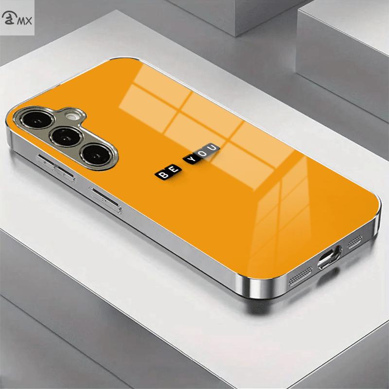 Orange background black square glass phone case suitable for Samsung Galaxy S26 S25 S24 S23 S22 S21 S20 FE/Ultra/Plus hard case