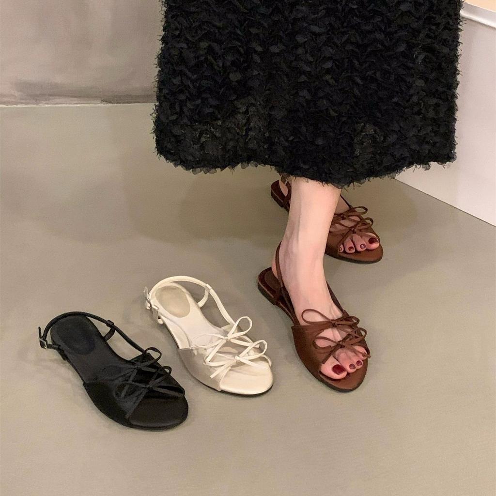 Niche Bow Sandals Fairy Shoes Summer with Skirt Temperament Vacation Satin Shoes