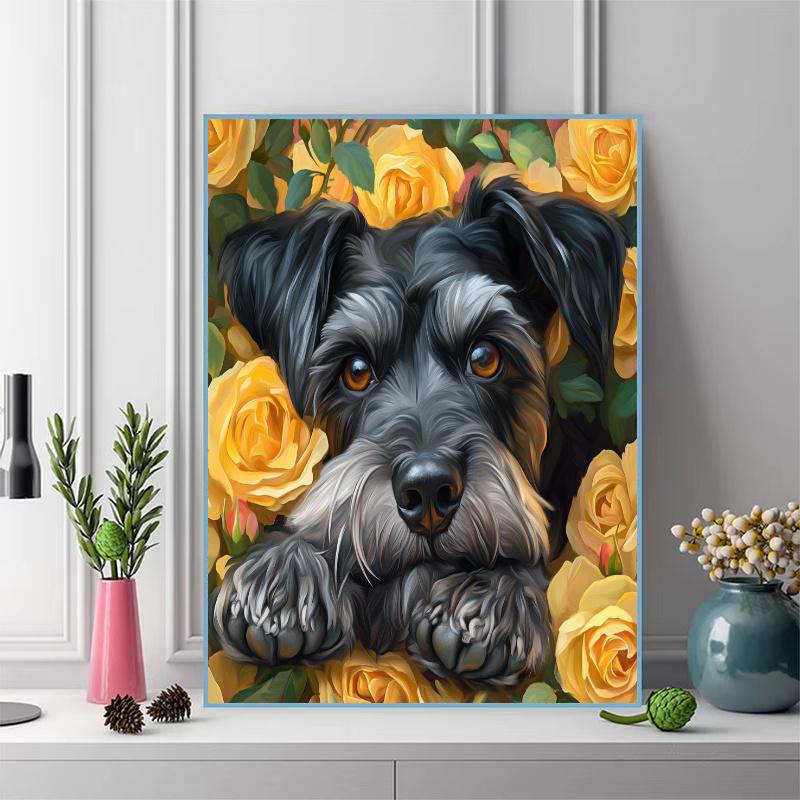 Schnauzer and roses Pattern 3pcs 100% Round Full Drill 5D DIY Diamond Painting Embroidery Cross Stitch Rhinestone Décor
