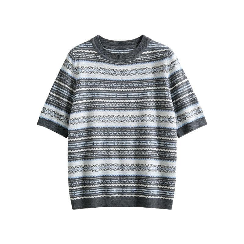 Round-neck Knitted Short-sleeved Women's Color-blocked Jacquard Base Layer Top for Spring/summer New Style Vintage T-shirt
