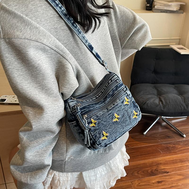 Denim Crossbody-Tasche mit Schmetterlingsstickerei Mehrschichtige Handytasche Damen Kleine quadratische Tasche