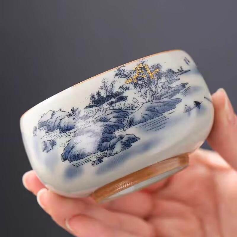 Ru Kiln Twisted Branch Lotus Teacup Master Cup Old Clay Crack Glaze High-End Atmospheric Teacup Painted Blue And White Arhat Cup