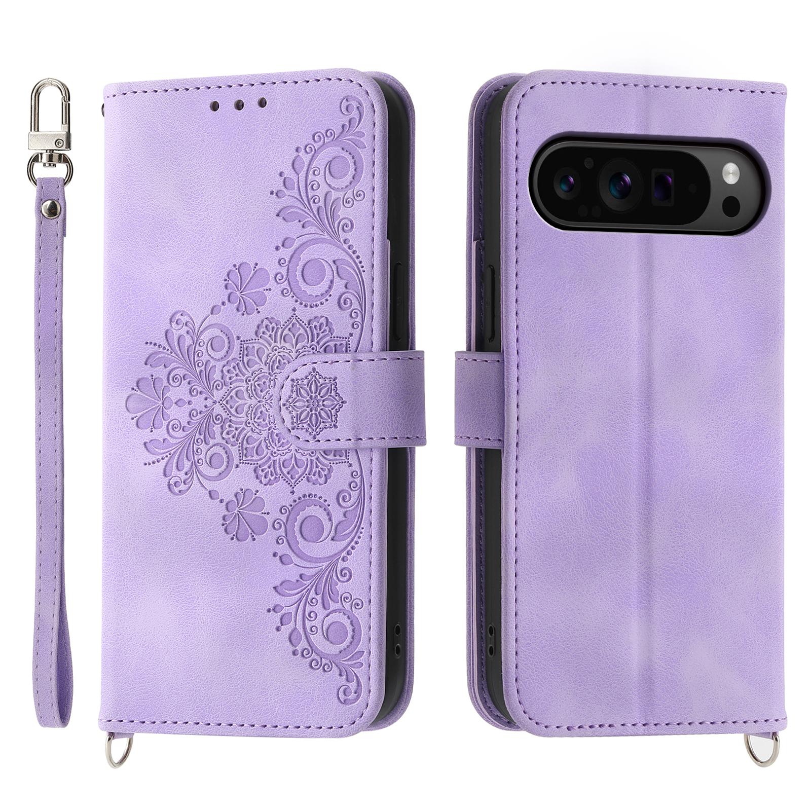 

For Google Pixel 9 Pro XL Leather Case Flower Pattern Phone Protector with Multiple Card Slots E