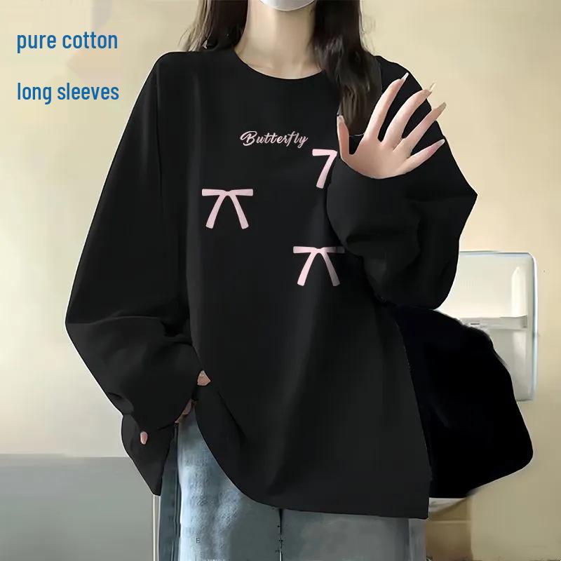 

Женская хлопковая футболка с длинным рукавом в корейском стиле - Свободный крой, круглый вырез, идеально подходит для весны и осени 4XL for 166-180 lbs