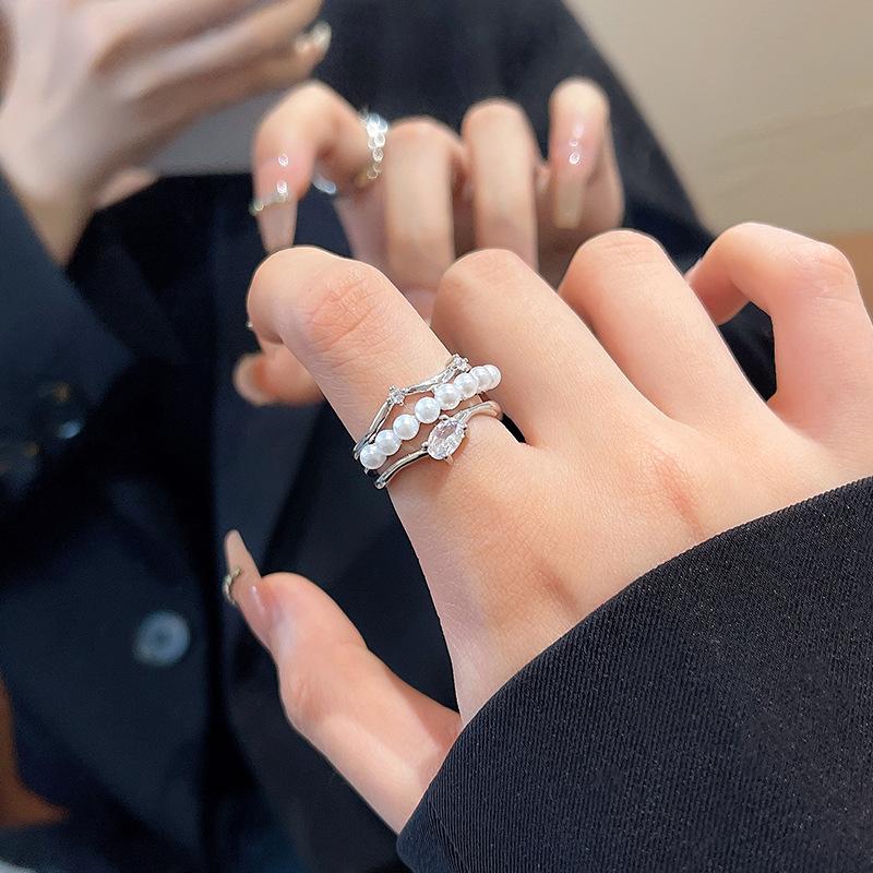 In Wind Multi-layer Pearl Zir*****pen Ring Female Design Index Finger Ring Personality Ring Tide