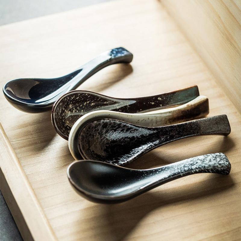 13cm japonská retro keramická polévková lžíce, jídelní lžíce na rýži, kuchyňská servírovací čajová lžička, stolní nádobí, kuchyňské kuchyňské náčiní