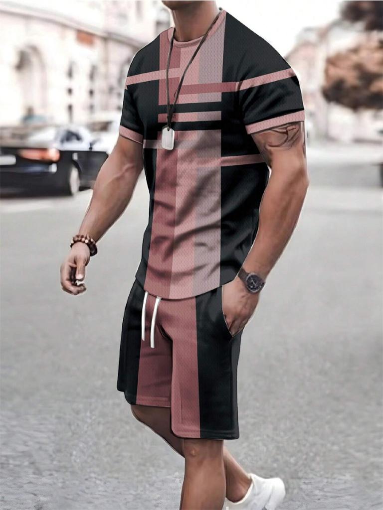 Men's Summer Two-piece Set 3d Print Patchwork Color Street T-shirt Casual Outdoor Sports Short-sleeved Rope Shorts Men's Clothing