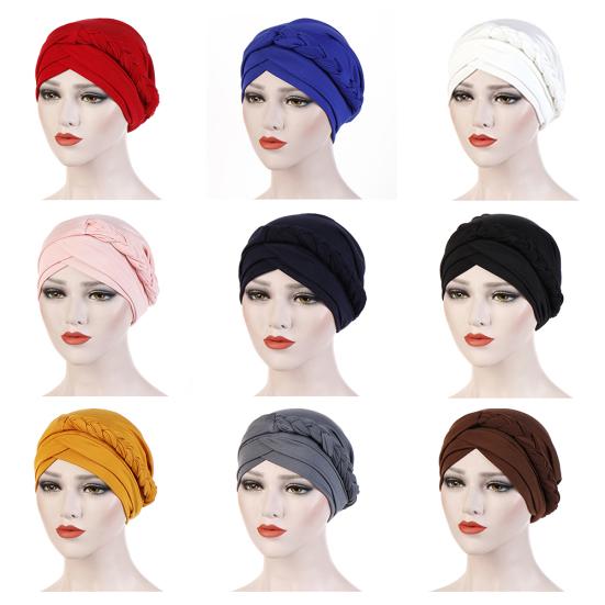 Modny Jednokolorowy Pleciony Muzułmański Turban Kapelusz Chemo Bandana Headwrap