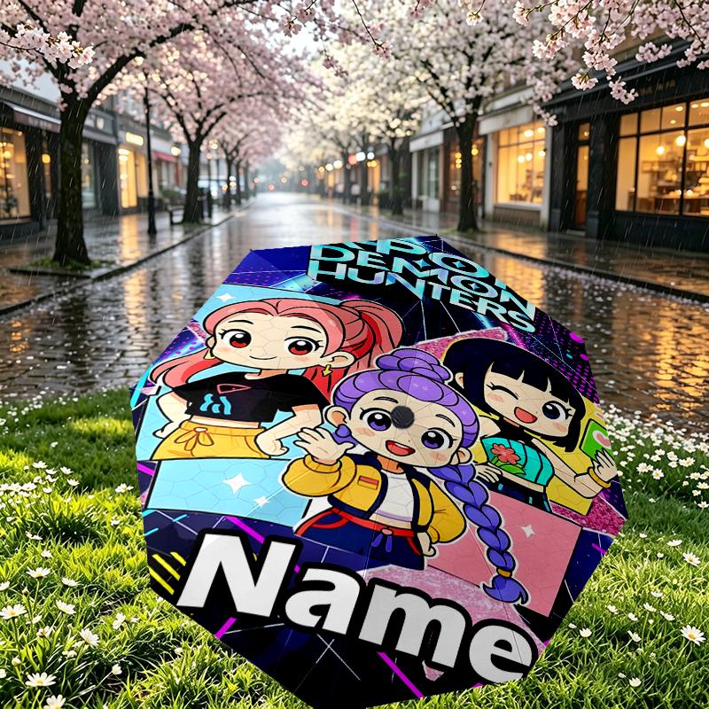 Custom Name Personalized KPop Demon Hunters Print Umbrella, Auto Open Close, 8‑Rib Sturdy Frame, Commute Camping Hiking Use, Birthday Gift
